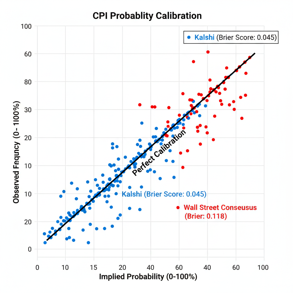 Calibration plot graph: Kalshi predictions (blue dots) closely follow the perfect diagonal line, while Wall Street consensus (red dots) deviates significantly.
