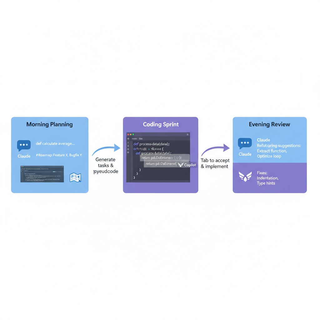 Flowchart diagram of the daily workflow integrating Claude for planning and Copilot for coding and review