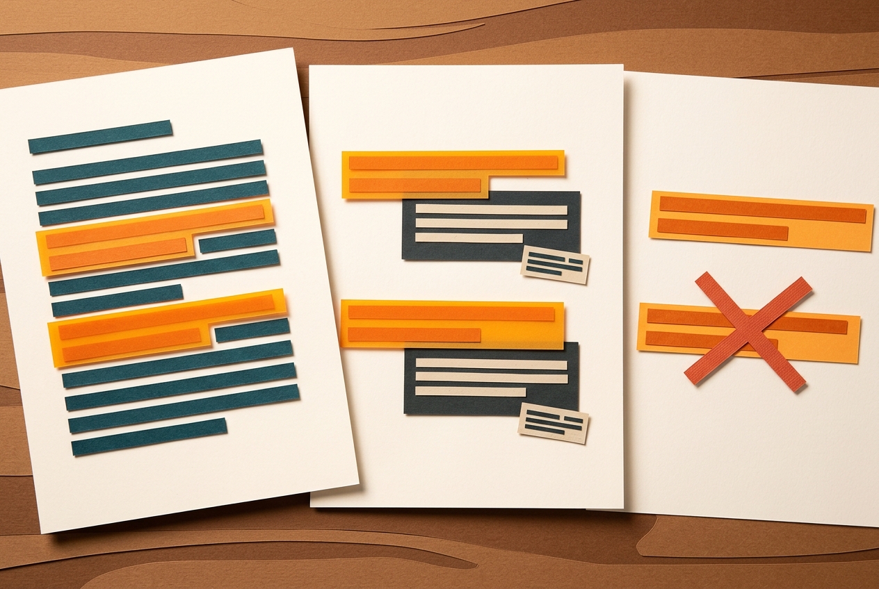Three pages showing a sentence matched to a source and then kept or removed.