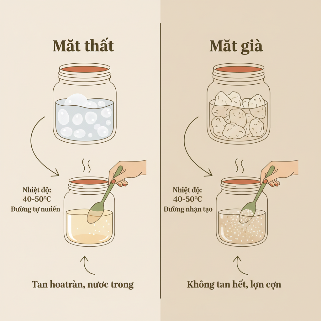 Sơ đồ so sánh độ kết tinh của mật ong thật và giả.