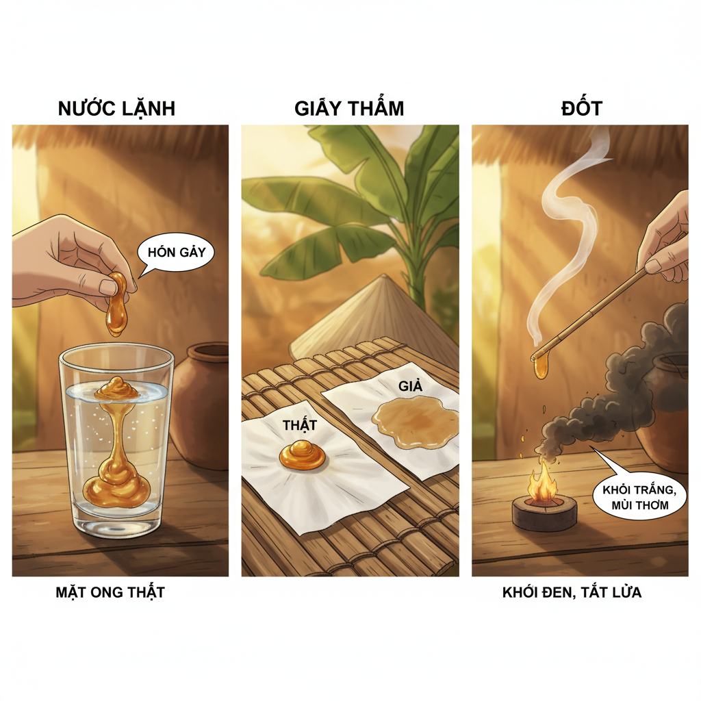 Minh họa 3 thử nghiệm phân biệt mật ong thật giả tại nhà.