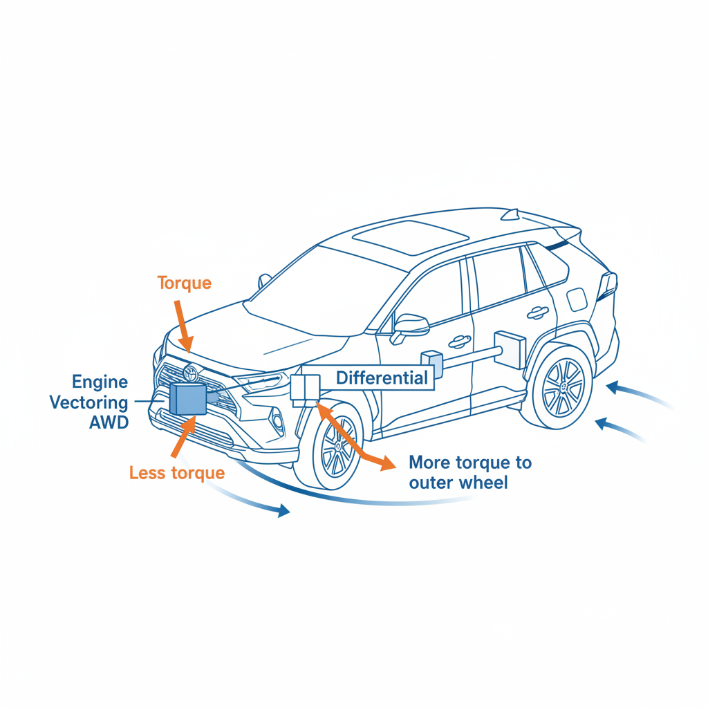 Diagram showing AWD torque vectoring distributing more power to the outer wheel during a turn.
