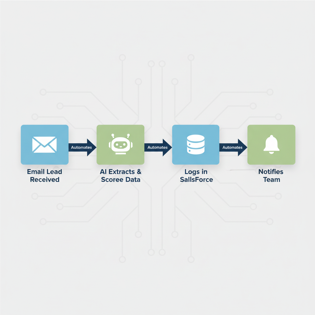 Flowchart diagram illustrating an AI automation workflow from receiving an email lead to logging it in Salesforce and notifying the team.