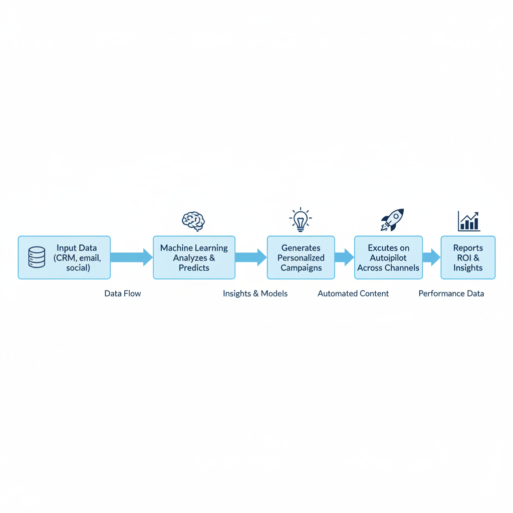 Flowchart diagram of how AI marketing automation tools process data to execute campaigns