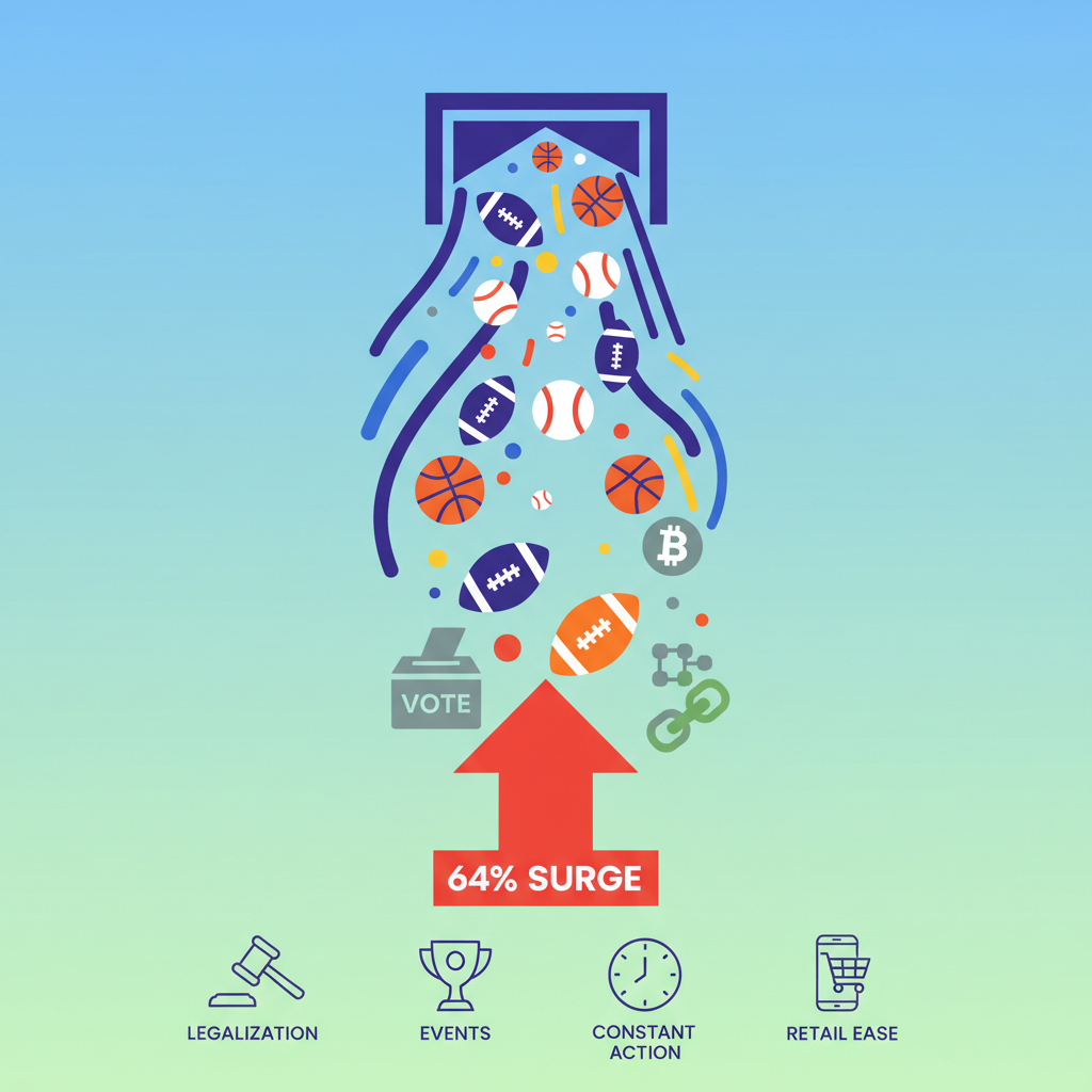 Illustration of four key factors driving the 64% sports betting surge: legalization, blockbuster events, constant action, and retail simplicity.