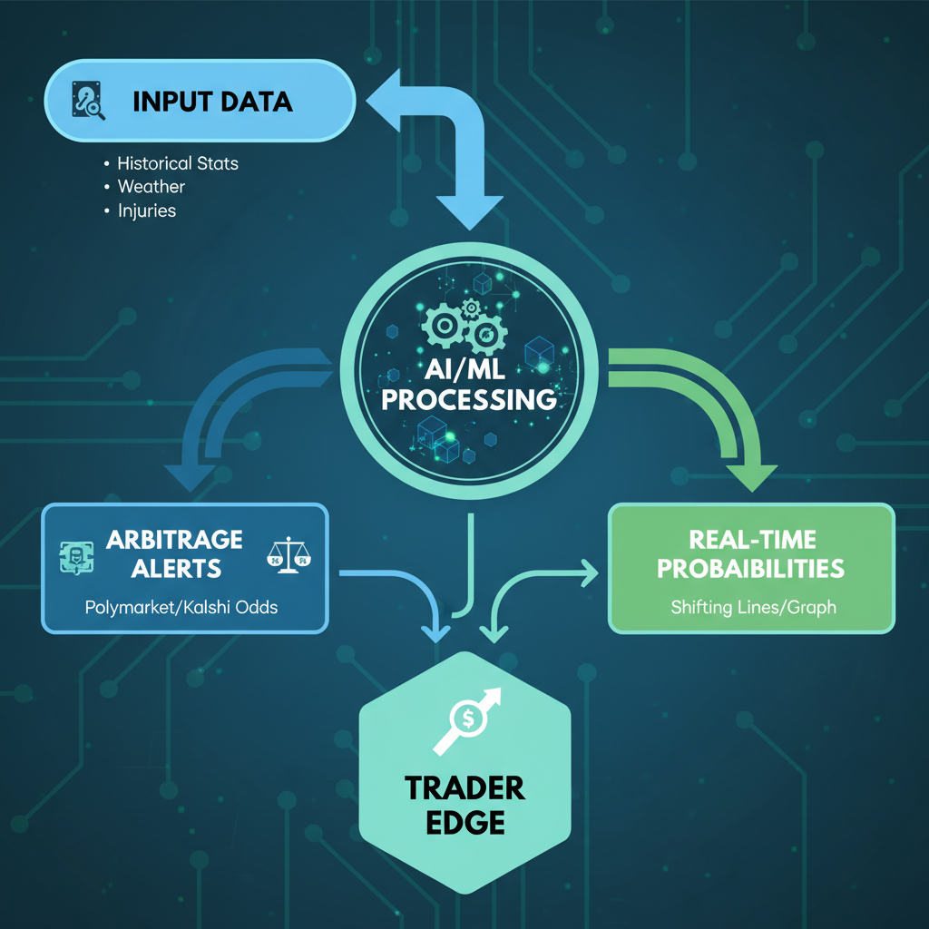 Diagram of AI workflow for prediction market analysis: from data inputs to arbitrage and probability outputs.