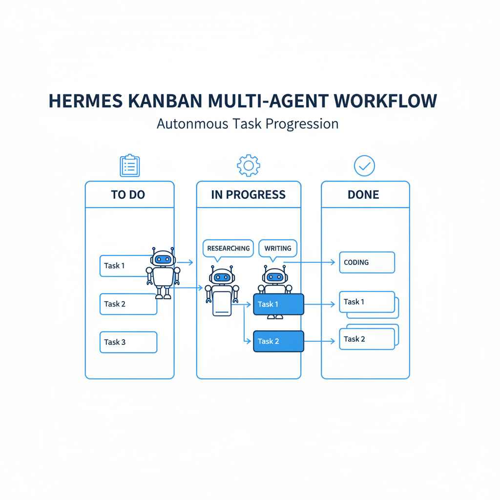 Diagram showing Hermes Kanban board with multi-agents claiming and completing tasks in parallel