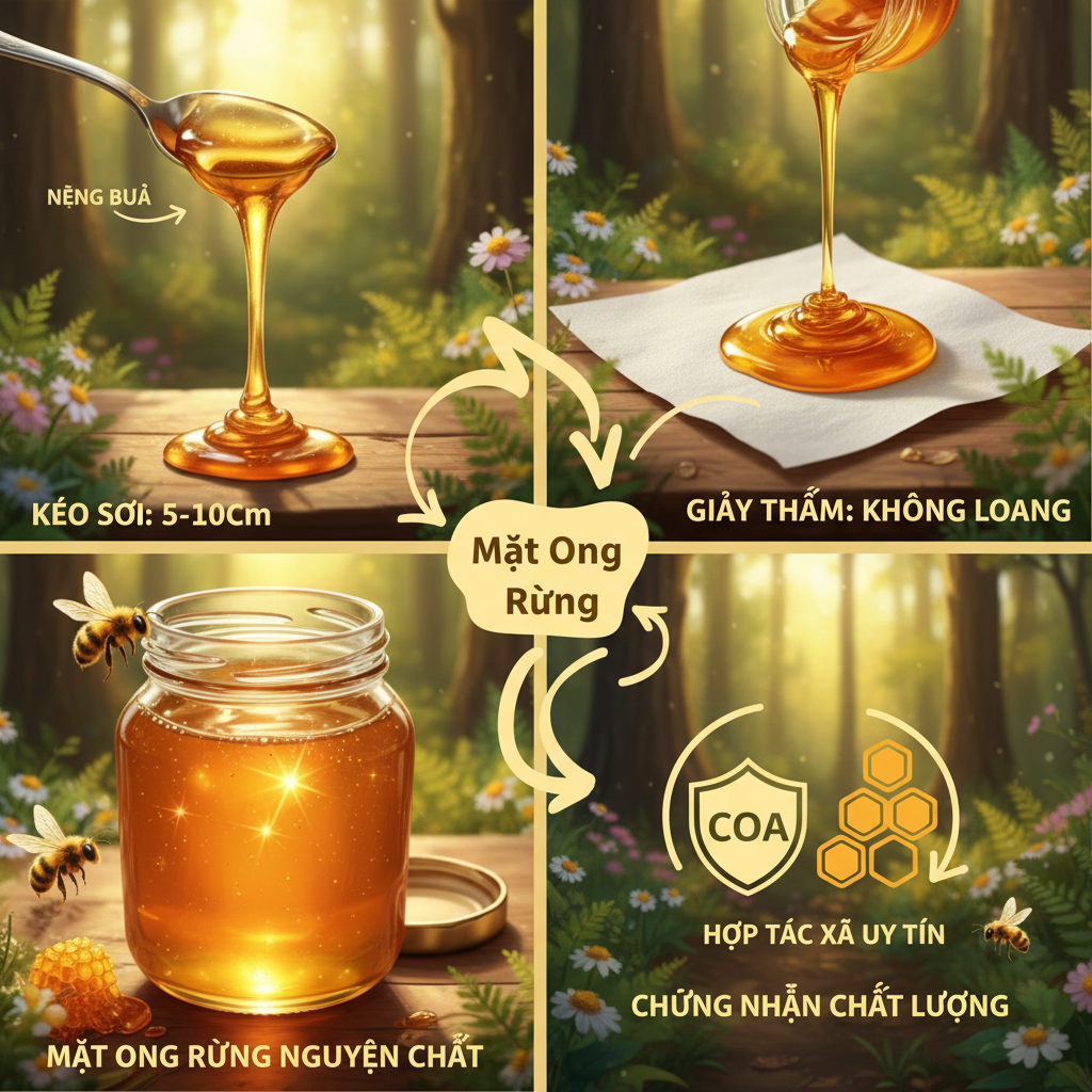 Minh họa các cách kiểm tra mật ong hoa tự nhiên nguyên chất
