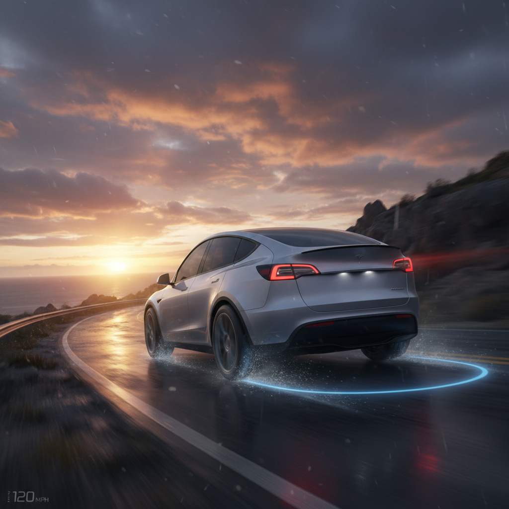Illustration depicting the 2026 Tesla Model Y Performance SUV handling a rainy curve with sports-car precision.