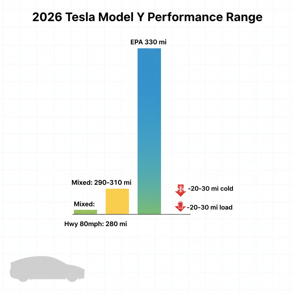 Diagram of EPA vs. real-world range for Model Y Performance under various conditions.