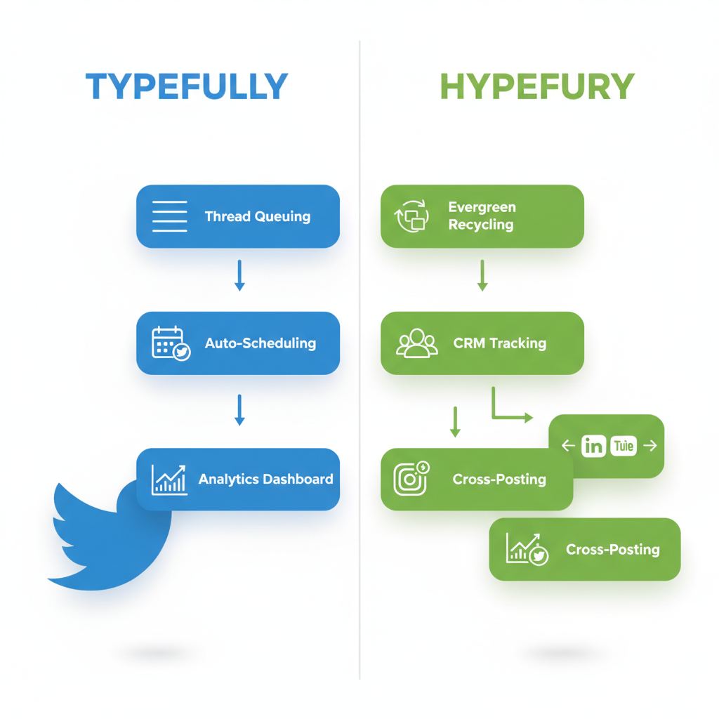Split diagram illustrating Typefully's linear Twitter automation workflow on the left versus Hypefury's branching multi-platform automation on the right.