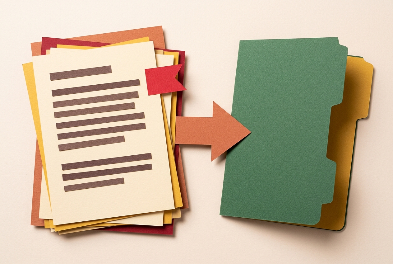 Printed pages with one flagged page and an arrow to a review folder.
