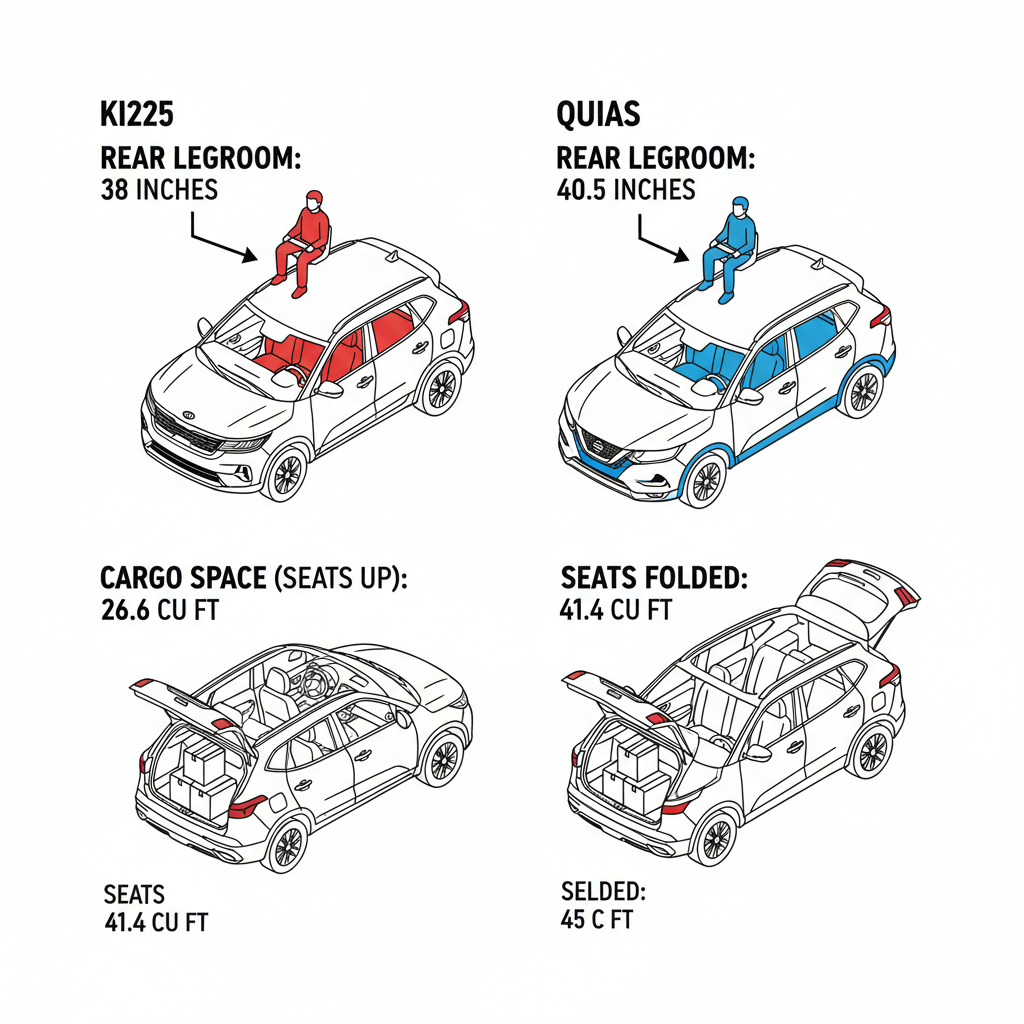 Diagram illustrating rear legroom and cargo space comparison between Kia Seltos and Nissan Qashqai.