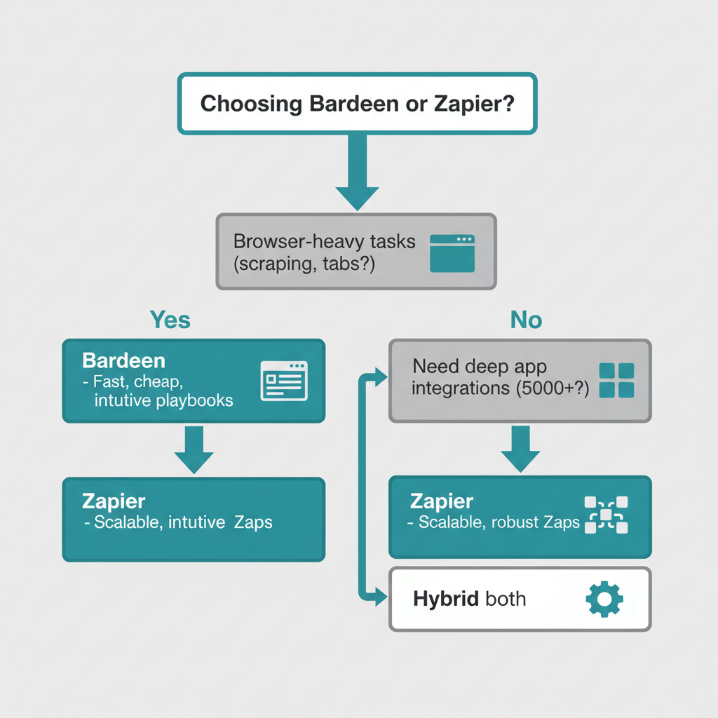 Decision tree diagram for selecting Bardeen or Zapier based on project workflow