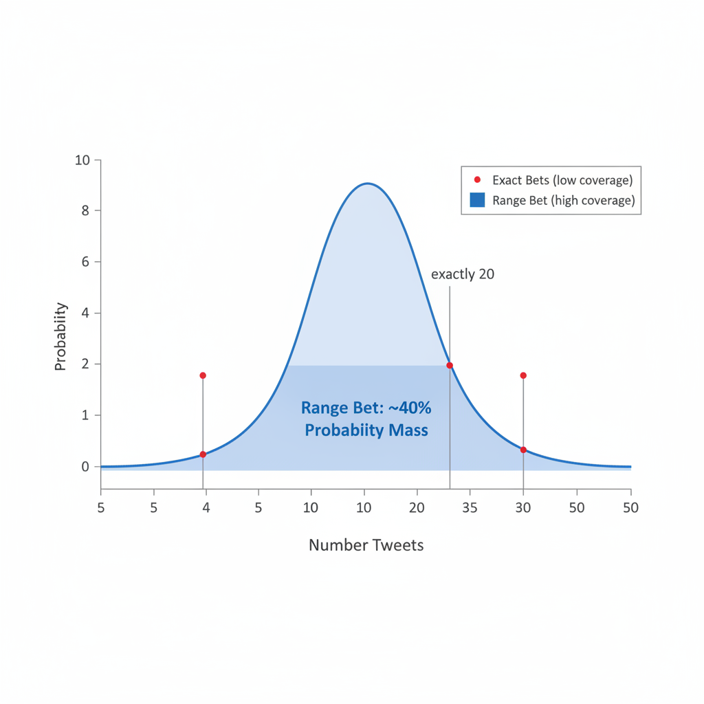 Diagram illustrating a probability bell curve for tweet counts, highlighting how a range bet (15-25) captures far more probability mass than exact bets.