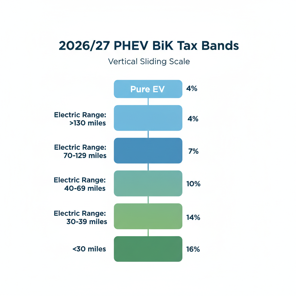 Diagram illustrating the BiK tax percentage bands for PHEVs based on electric range in the 2026/27 tax year