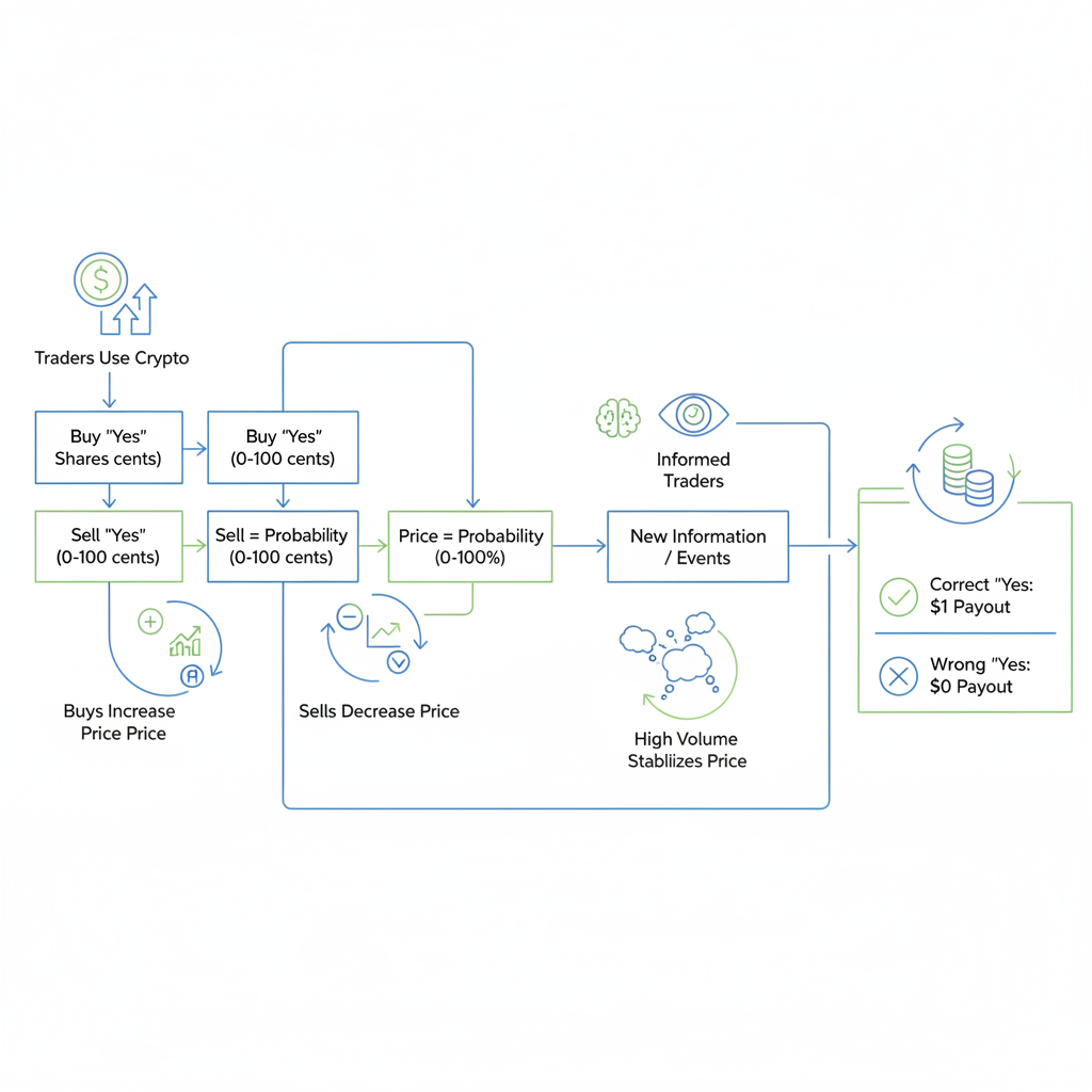 Diagram showing the process of trading shares in Polymarket prediction markets, from buying/selling to implied probabilities and payouts.