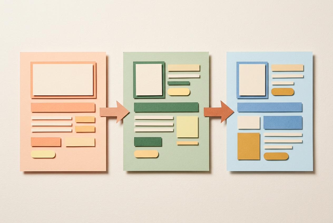 Three product pages joined by arrows showing how one page links to the next.