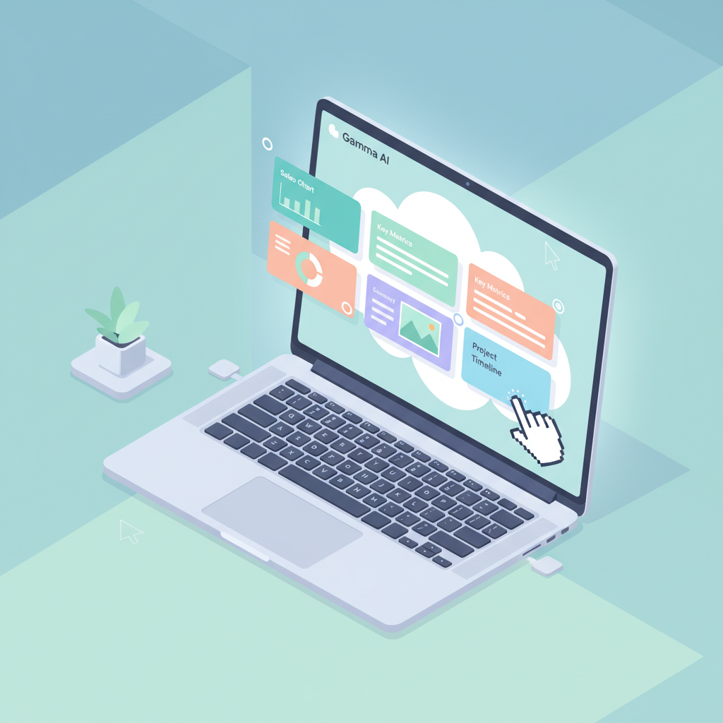 Illustration of Gamma AI's card-based drag-and-drop editing interface.