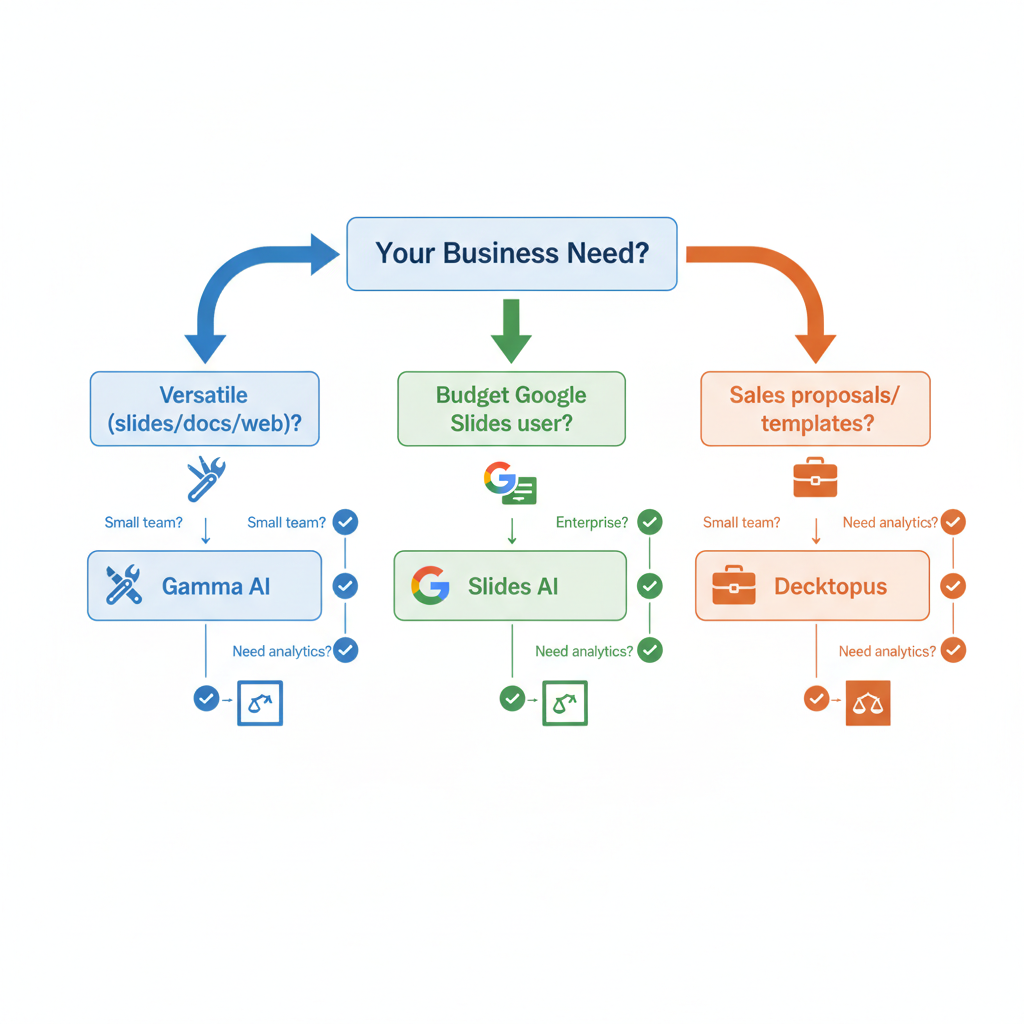 Decision tree flowchart for choosing between Gamma AI, Slides AI, or Decktopus based on needs.
