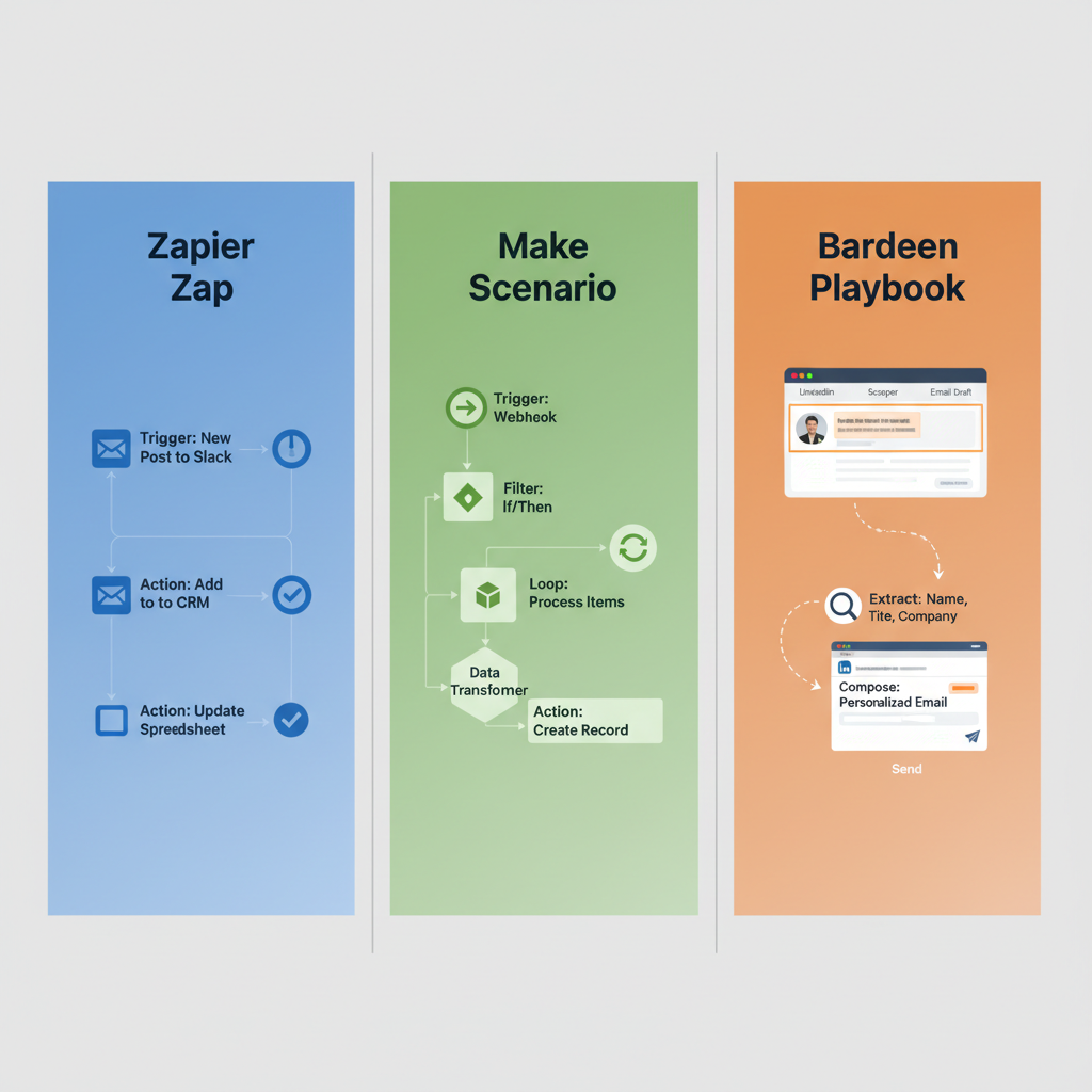 Side-by-side diagram illustrating example automation workflows in Zapier, Make, and Bardeen.
