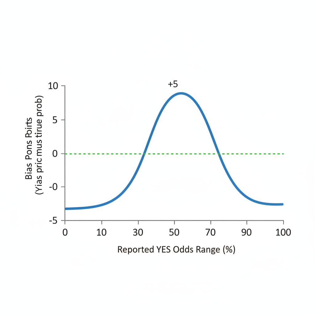 Line graph showing prediction market YES bias peaking at +5 points around 50% odds, neutral at extremes.