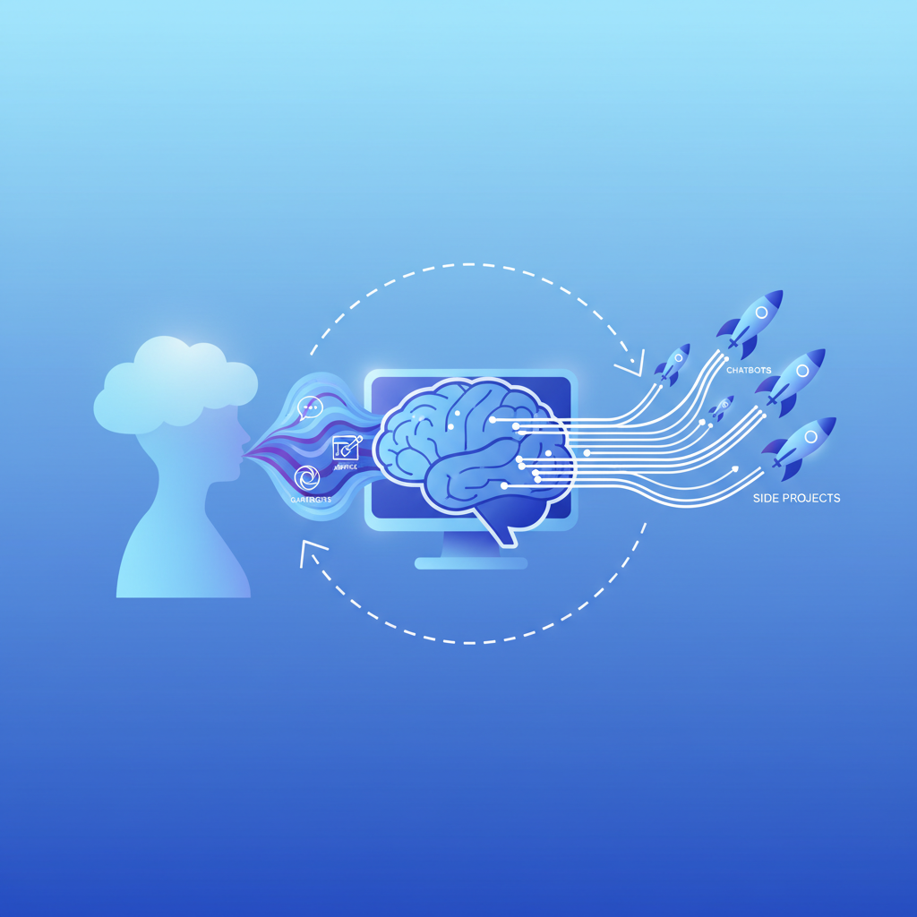 Conceptual image of vibe coding: human inputs high-level ideas into AI, which generates and refines code in a feedback loop.