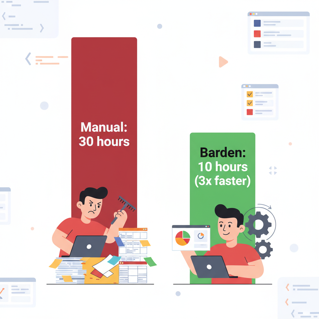 Illustration showing 30-hour manual build time vs. 10-hour Bardeen time with 3x speedup.