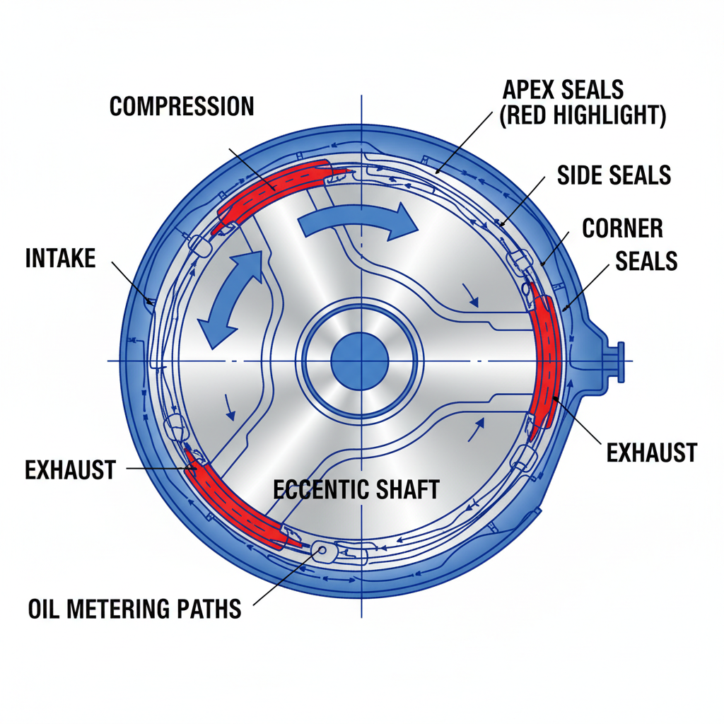 Cross-section diagram of the Mazda RX-7 rotary engine highlighting apex seals and key components