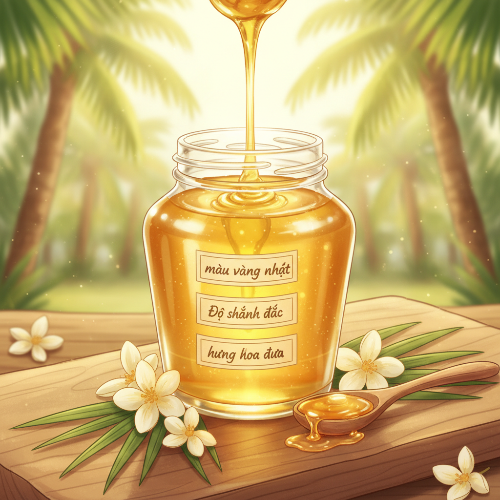 Hình minh họa lọ mật ong hoa dừa nguyên chất với các đặc điểm nổi bật như màu sắc, độ sánh và hương thơm.