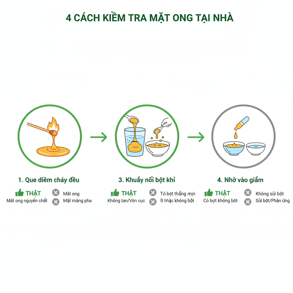 Sơ đồ các phương pháp kiểm tra mật ong nguyên chất tại nhà bằng que diêm, nước lạnh, thìa khuấy và giấm.