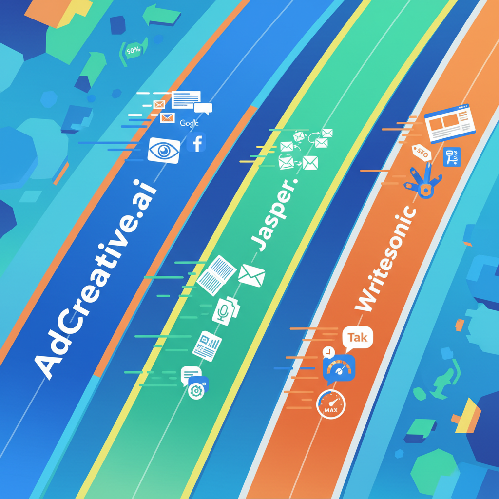 Racetrack diagram illustrating the unique strengths of AdCreative.ai (ads), Jasper (content depth), and Writesonic (versatility and speed)