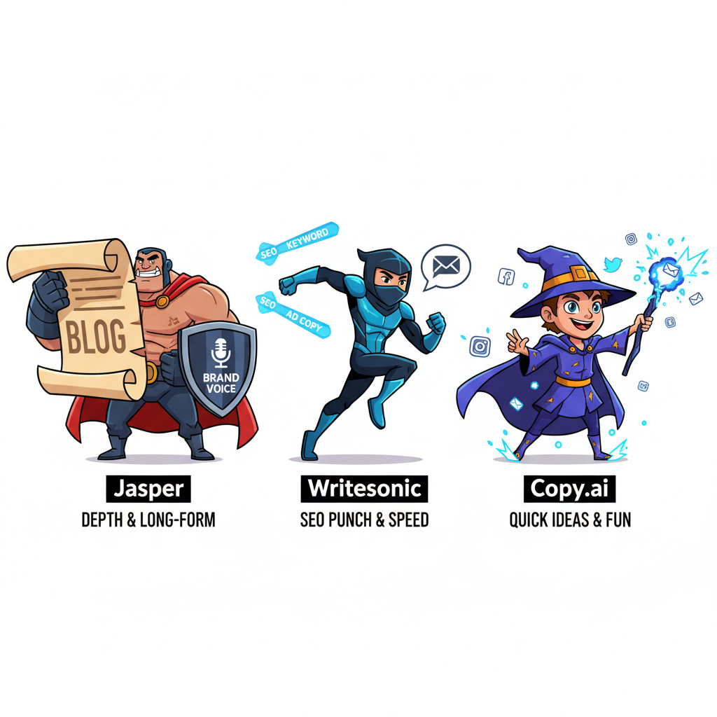 Cartoon illustration depicting Jasper, Writesonic, and Copy.ai as superheroes with their core strengths labeled.